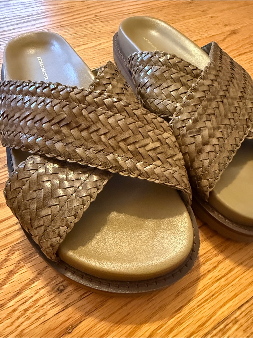 Anthropologie Woven Leather Crossband Slide Sandals in Tan and Olive - Picture 6 of 10